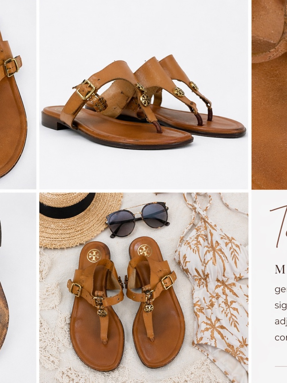 Tory Burch Miller Sandals Brown Leather Logo Thong Size 9.5 - Picture 2 of 3